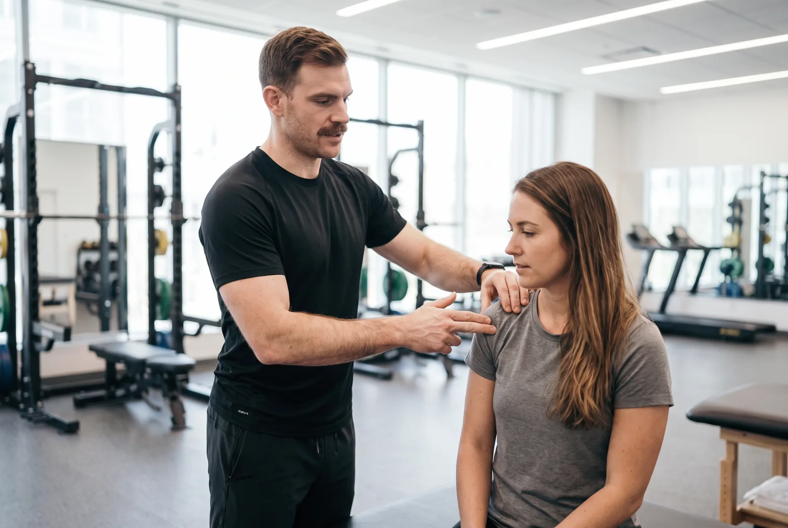 A physical therapist explaining a treatment area to a seated woman before dry needling