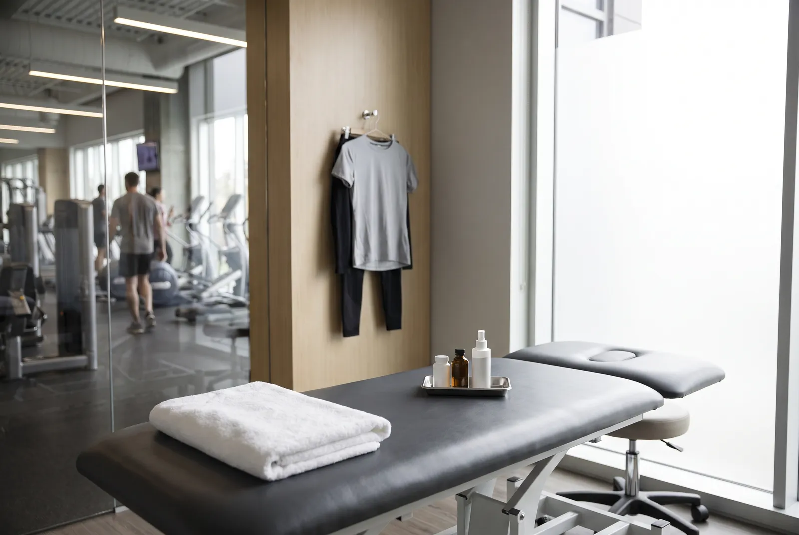 A clean treatment room with a padded table and a small supply tray