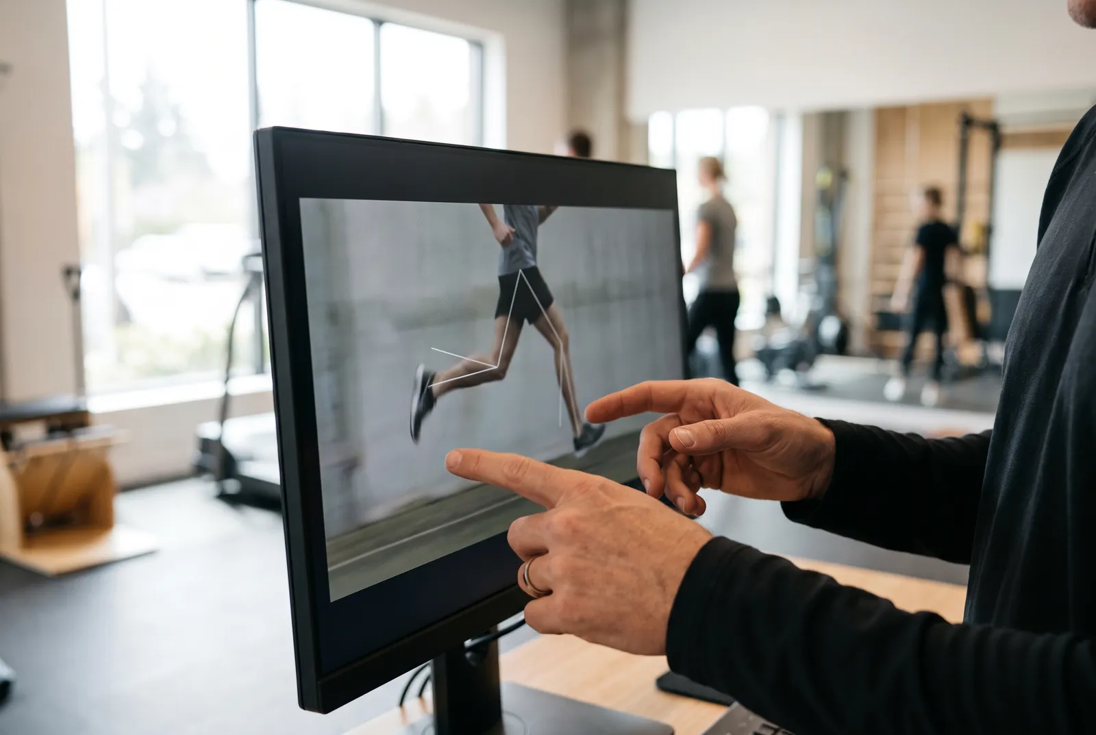 A monitor showing a paused video frame of a runner mid-stride