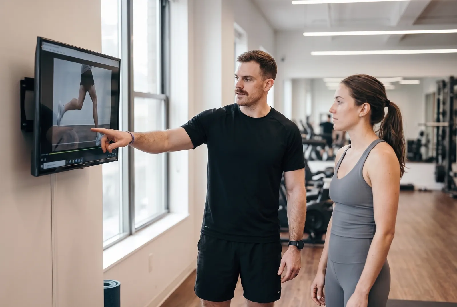 A physical therapist pointing out a runner's stride on a wall monitor