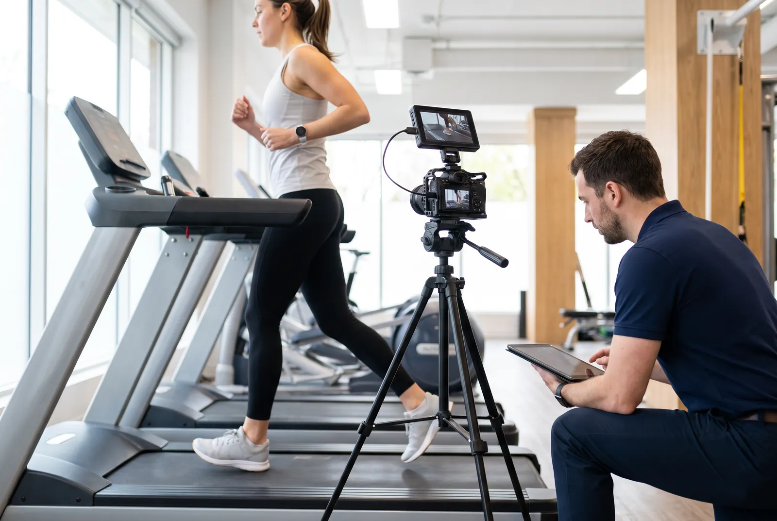 A runner on a treadmill with a camera on a tripod filming her stride