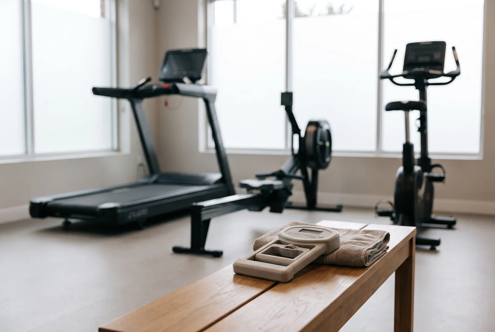 A treadmill, rower, exercise bike and handheld strength tester in a clinic gym area