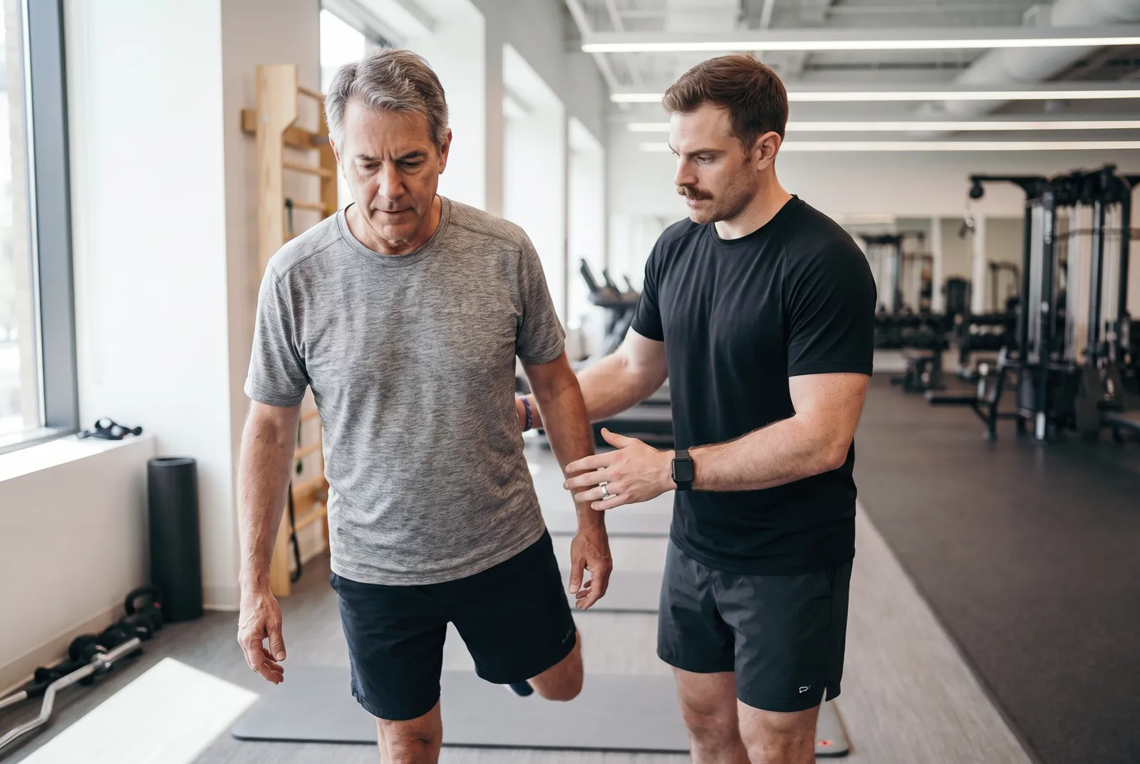 A man doing a single-leg balance test while a physical therapist stands ready beside him