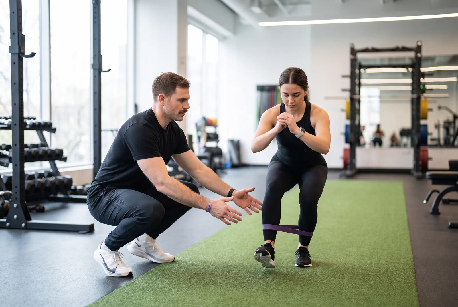A physical therapist cueing a woman through a single-leg squat with a resistance band on turf