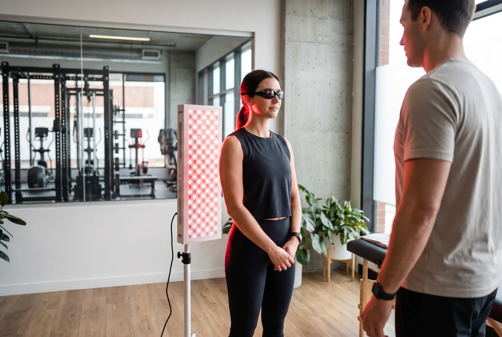 A woman standing in front of a red light therapy panel wearing eye protection