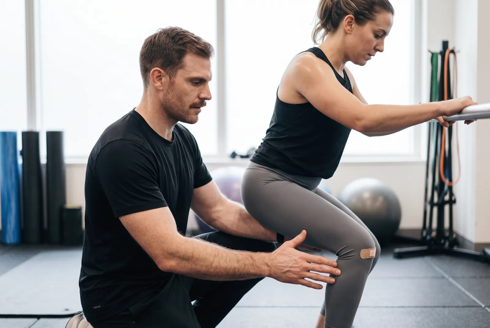 A woman doing a supported knee-bend rehab exercise while a physical therapist guides her form