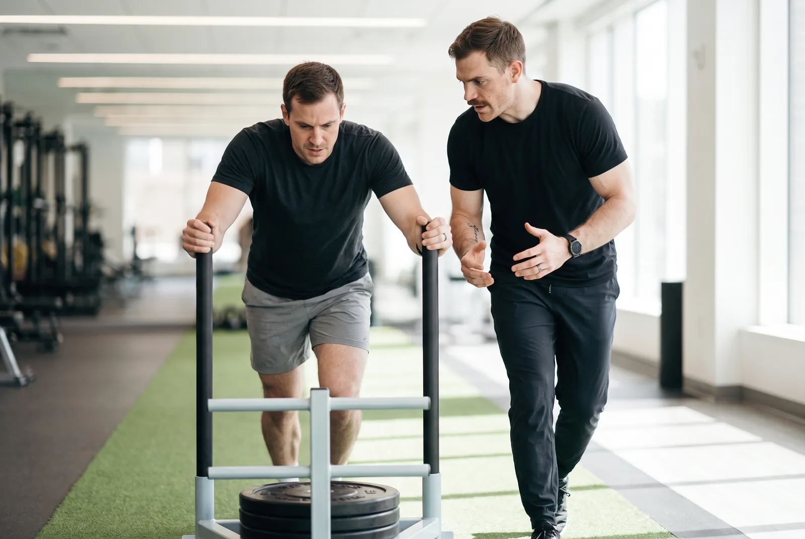 A man pushing a light sled across turf during a later-stage rehab session