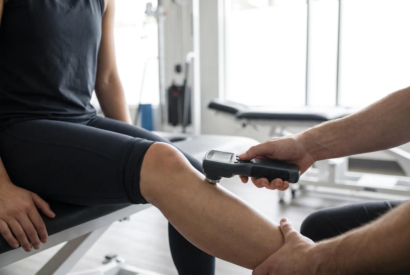 A handheld strength tester held against an athlete's lower leg during a knee strength test