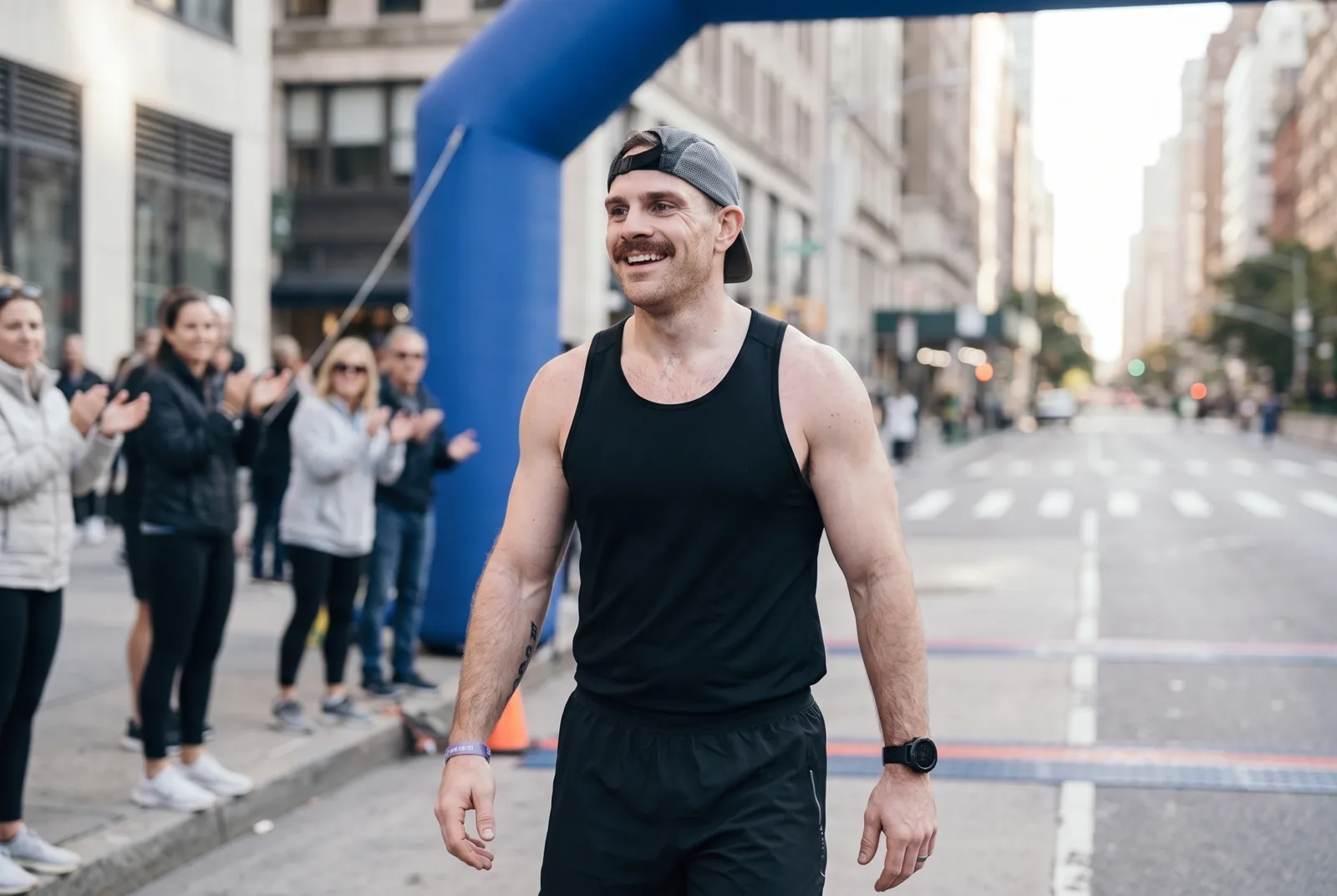 A runner smiling just after crossing a road-race finish line