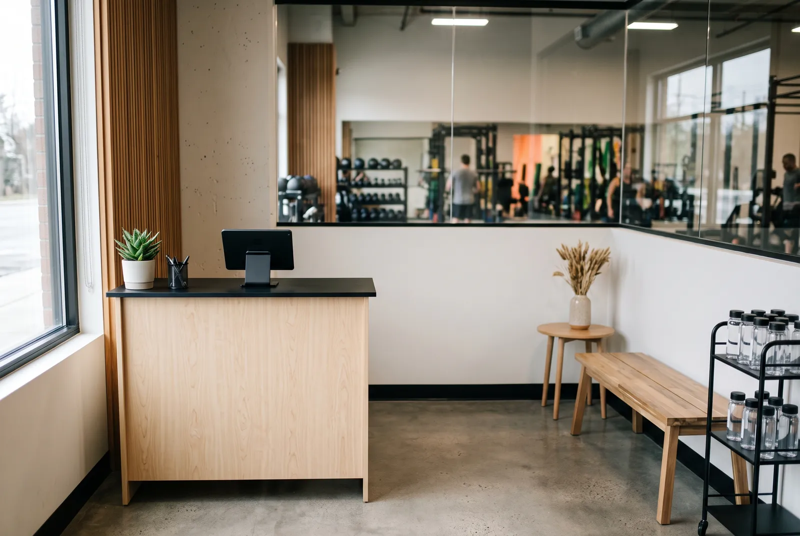 A small check-in desk and waiting area inside a gym