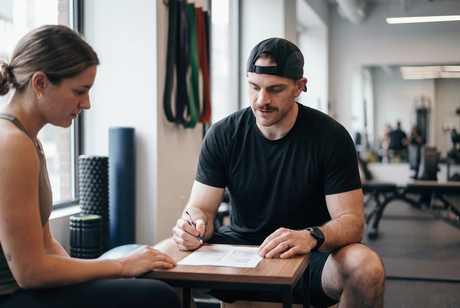 A physical therapist and a client looking over a printed plan together