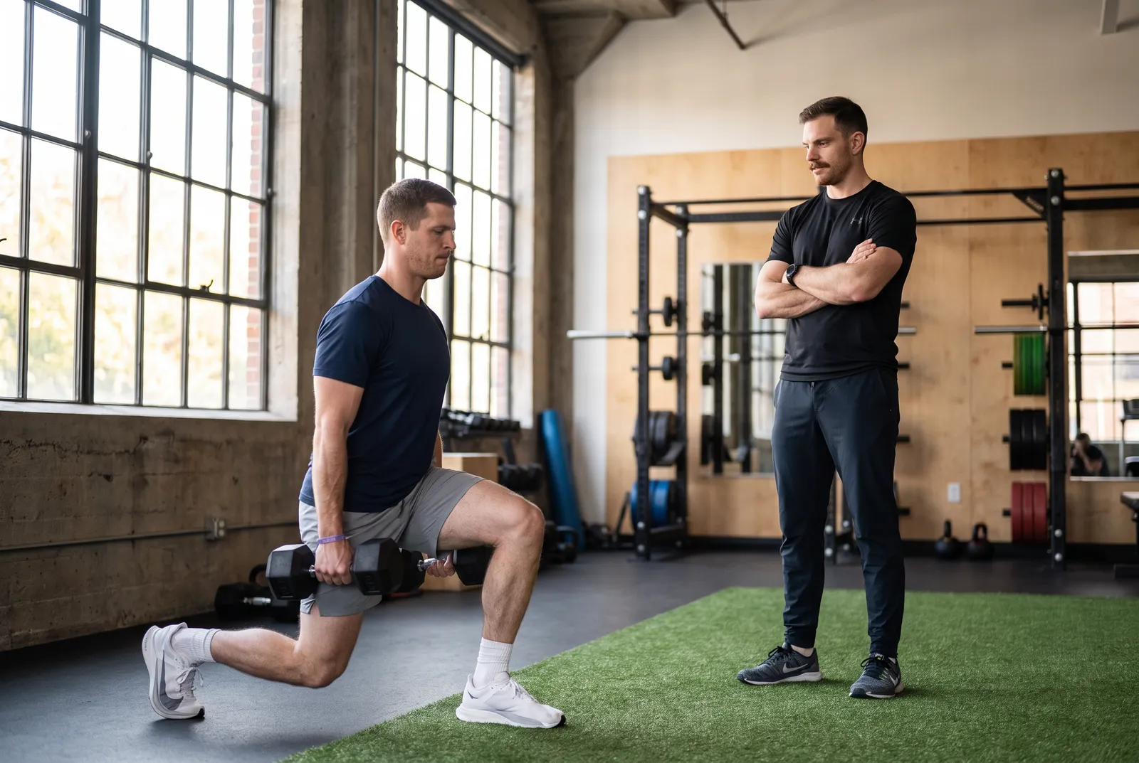 An athlete doing a loaded split squat while a physical therapist watches