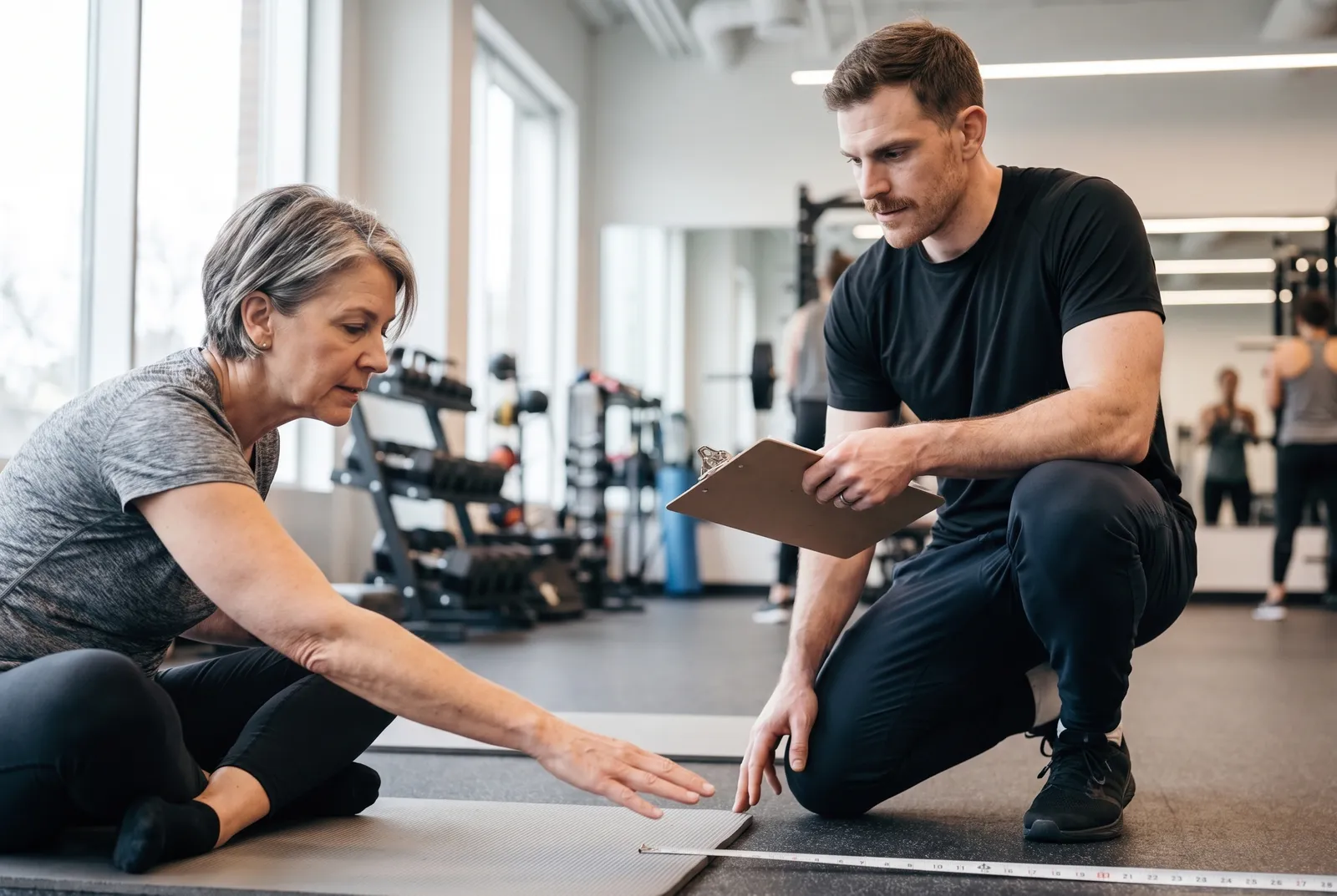 A woman doing a seated forward-reach mobility test while a physical therapist watches