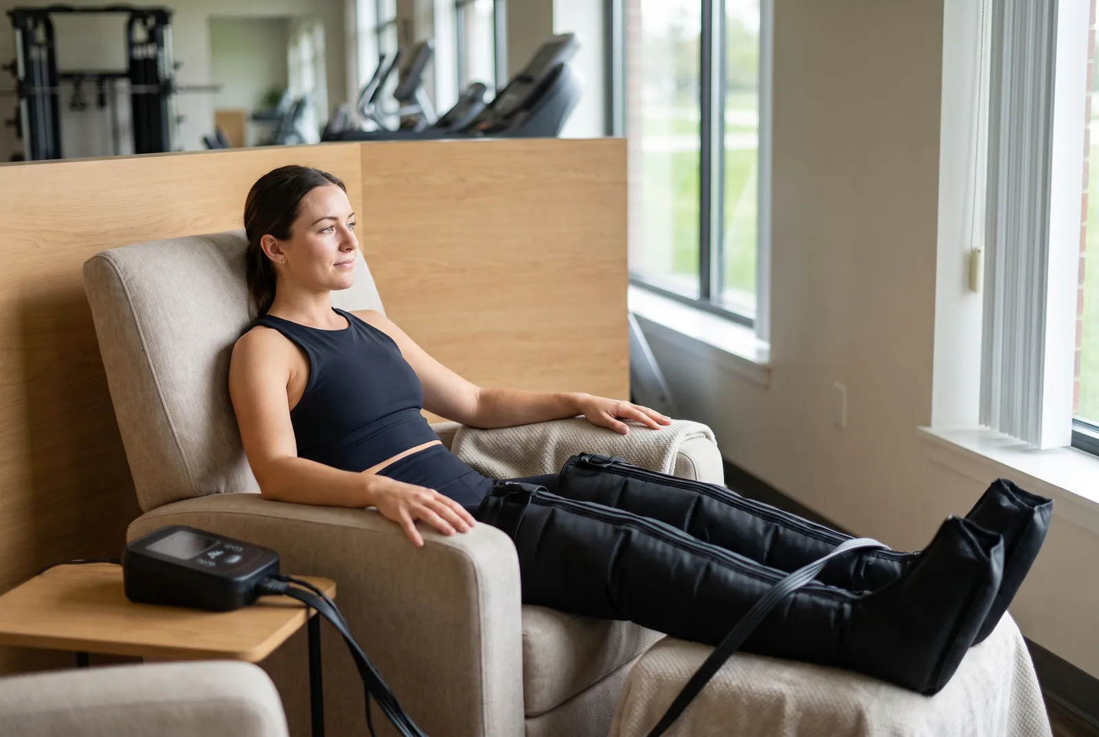A woman relaxing in a recliner wearing compression recovery boots