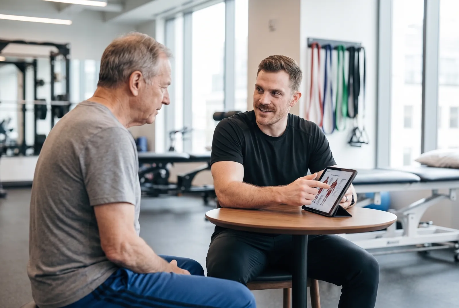 A physical therapist going over assessment findings with a client on a tablet